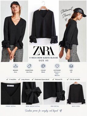 Zara Black V-Neck Statement Bow Sleeve Blouse Top XS